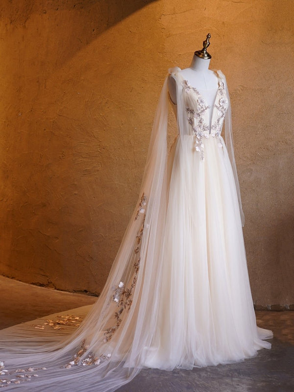 A - line Tulle Embroidery Deep - V Neck Floor - Length Prom Dresses - KissProm