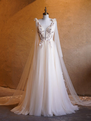 A - line Tulle Embroidery Deep - V Neck Floor - Length Prom Dresses - KissProm