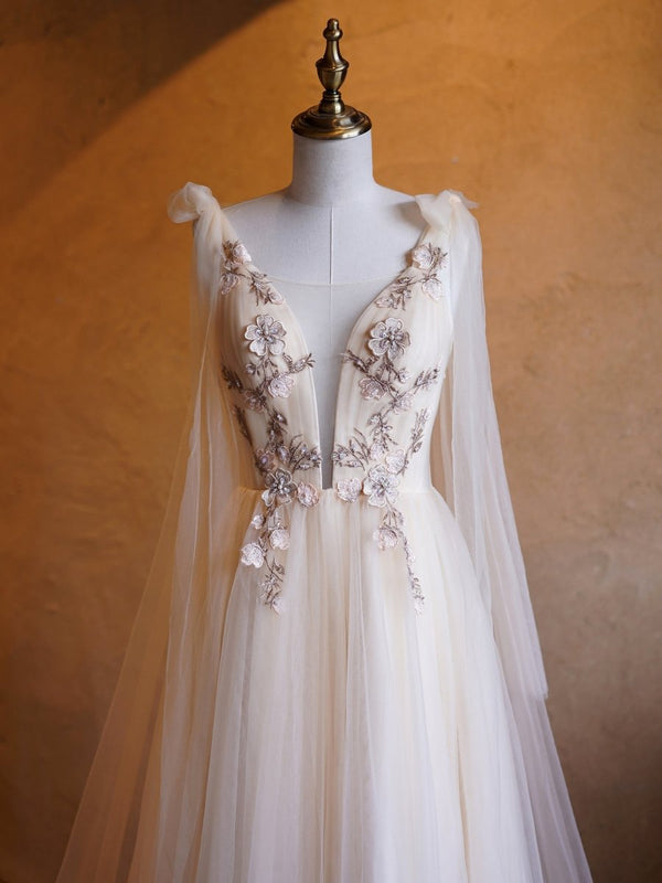 A - line Tulle Embroidery Deep - V Neck Floor - Length Prom Dresses - KissProm