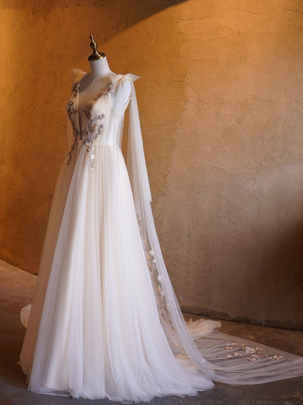 A - line Tulle Embroidery Deep - V Neck Floor - Length Prom Dresses - KissProm