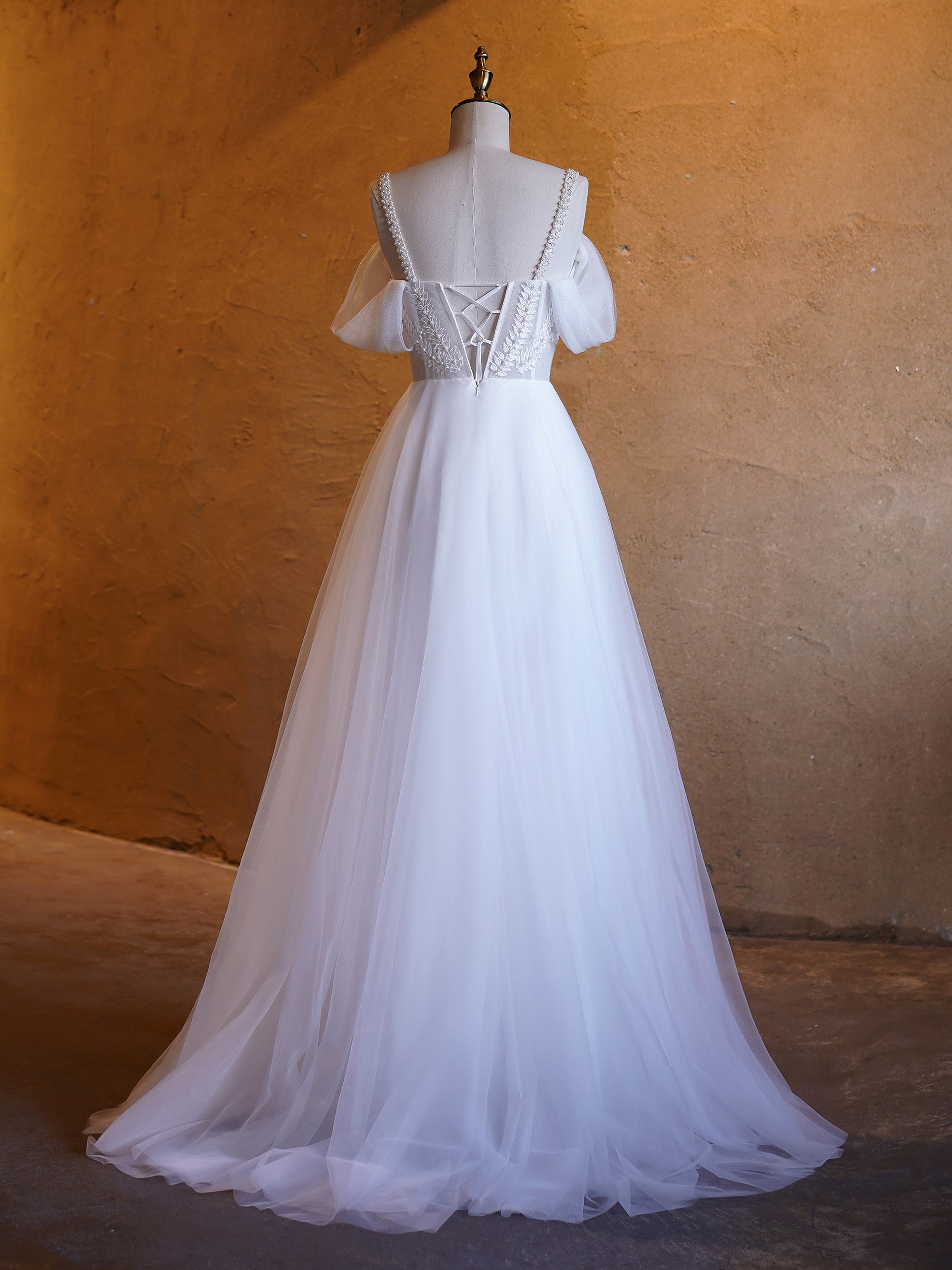 V-neck Pearl Embellished Floor Length Prom Dresses