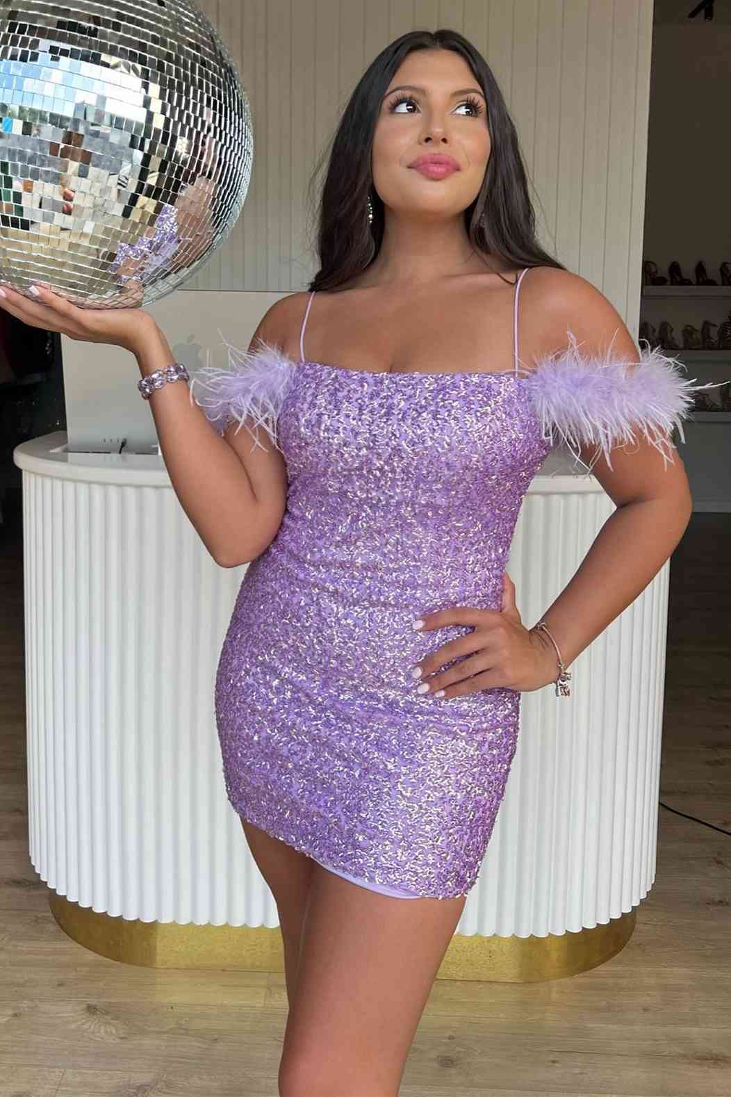 Georgiana |Bodycon Sequins Homecoming Dress with Feathers