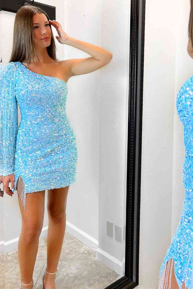 Winona |Sheath Long Sleeve Fringe Sequins Homecoming Dress