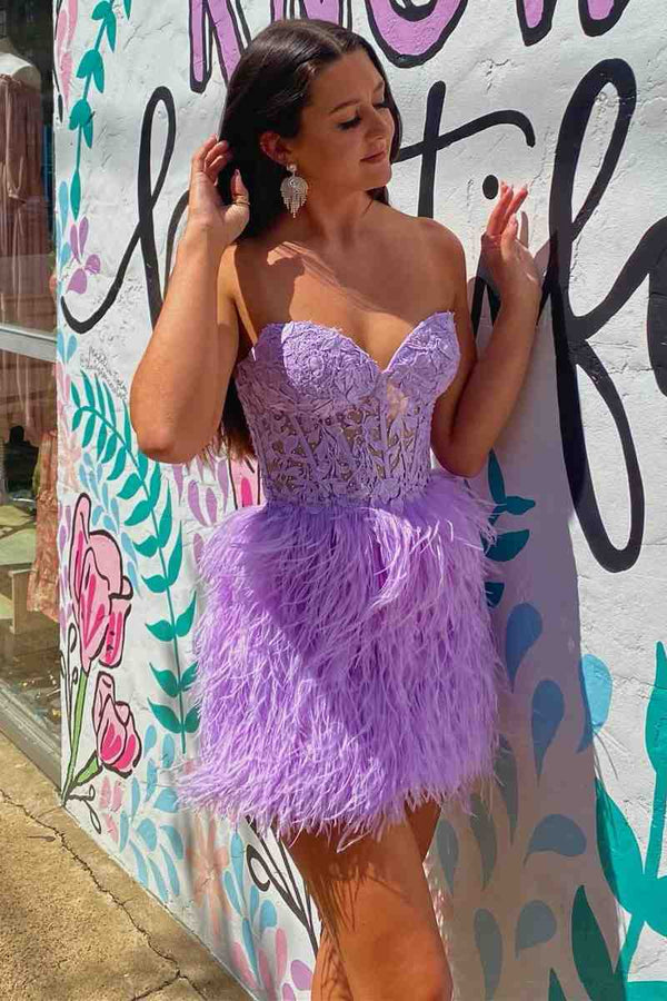 Amina |Sheath Sweetheart Lace Feather Skirt Homecoming Dress