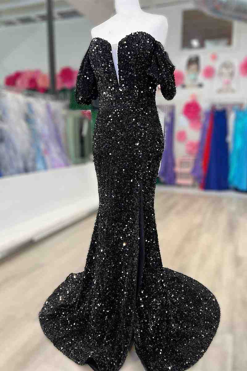 Red Puff Sleeves Sequined Long Party Dress with Side Slit