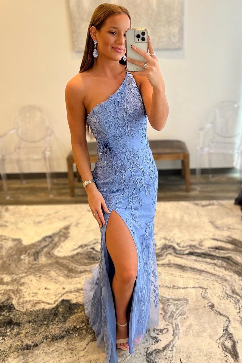 Kimberly |Mermaid One Shoulder Lace Long Prom Dress with Slit