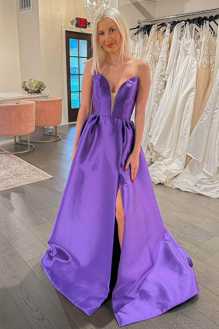 Purple Strapless Plunging V Neck Satin Long Prom Dress with Slit