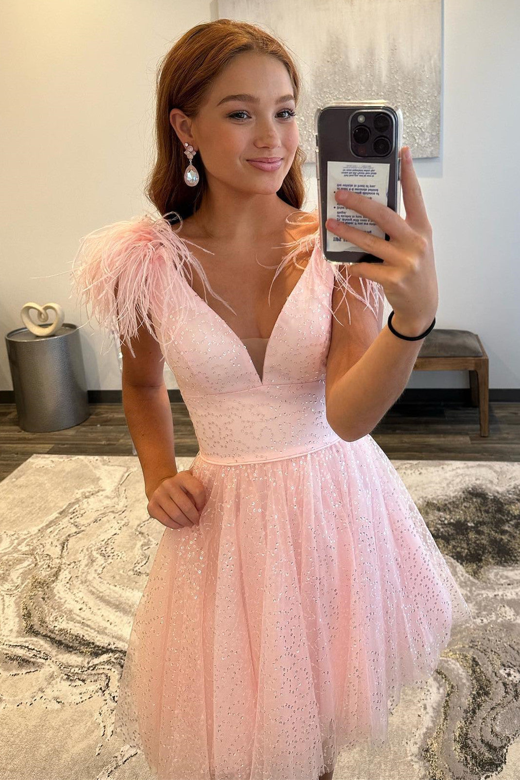 Catherine |A-line Deep V Neck Tulle Homecoming Dress with Feathers