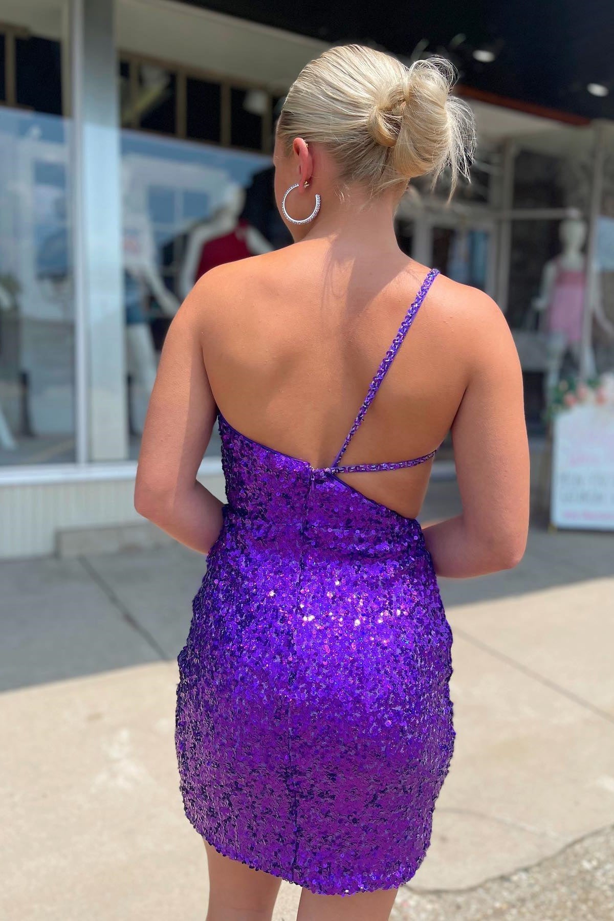Straps One Shoulder Purple Sequins Homecoming Dress