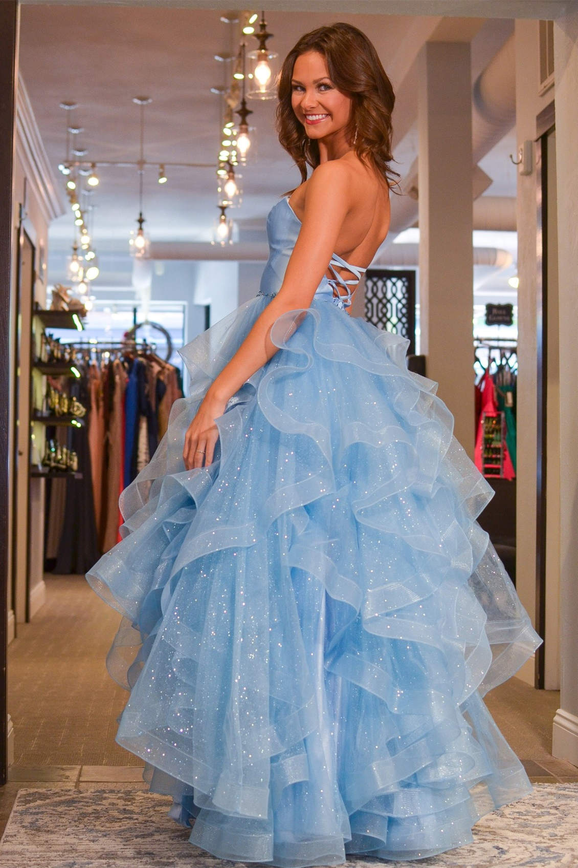 Lylah |Princess Strapless Satin Glitter Tulle Prom Dress