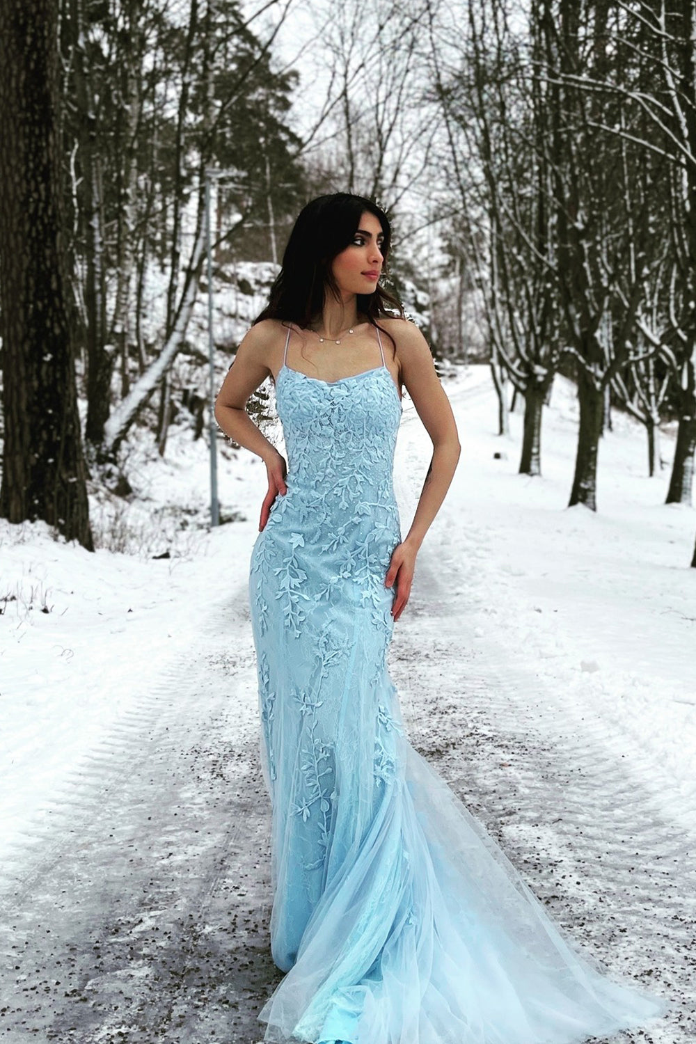 Blue Mermaid Spaghetti Straps Criss Cross Back Long Prom Dress