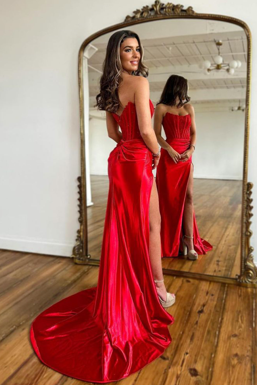 Arielle |Sheath Strapless Corset Satin Prom Dress with Slit
