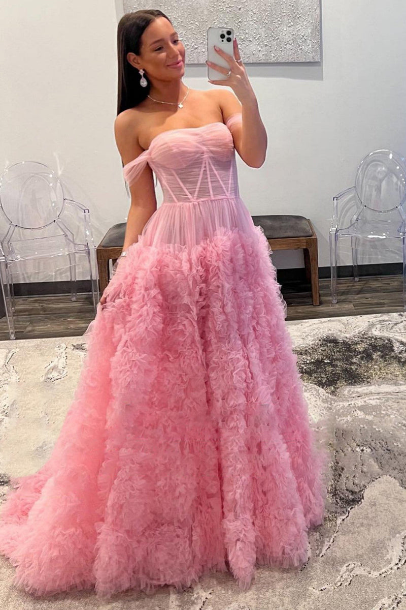 KissProm Sutton |A-line Corset Strapless Tulle Prom Dress with Ruffles, Pink / 0