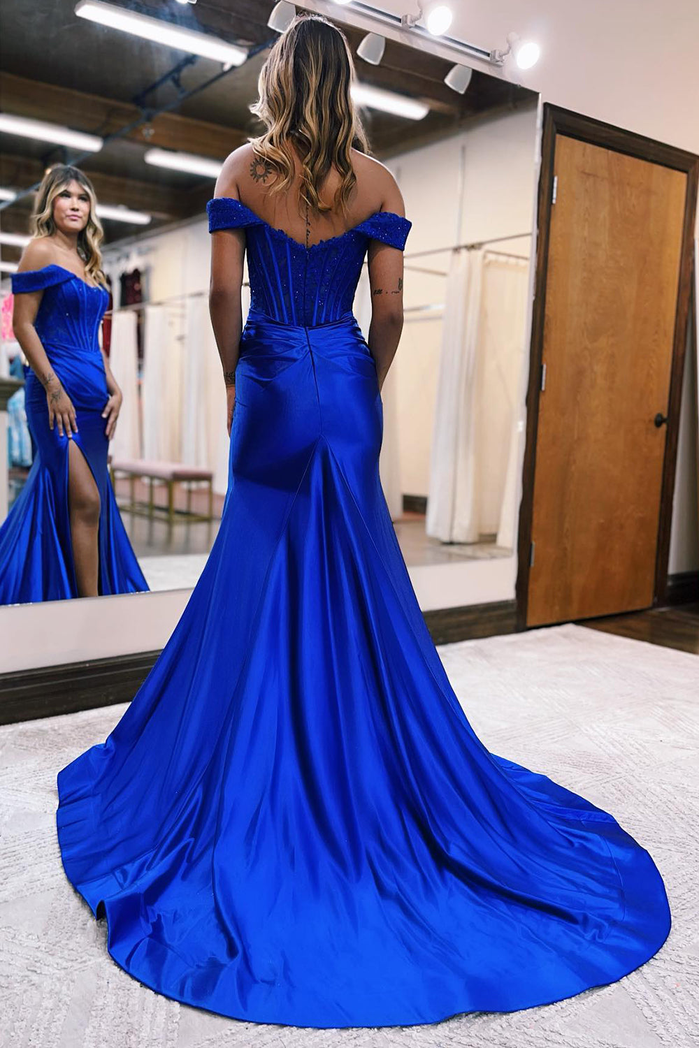 Raelyn |Mermaid Off the Shoulder Satin Prom Dress with Slit