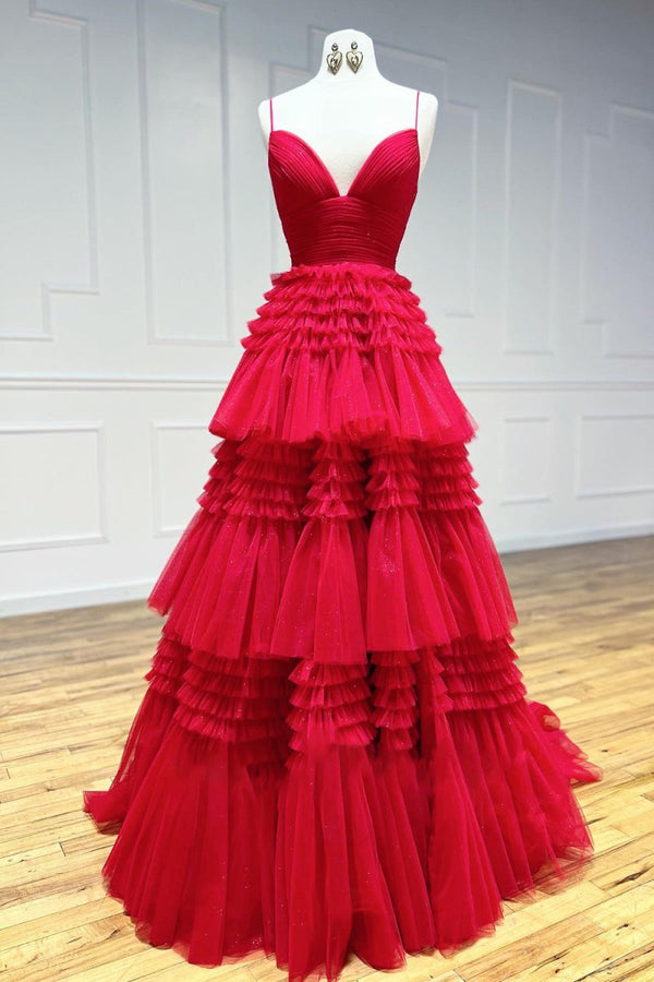 Amanda | Tulle Deep V Neck Spaghetti Straps Long Prom Dress