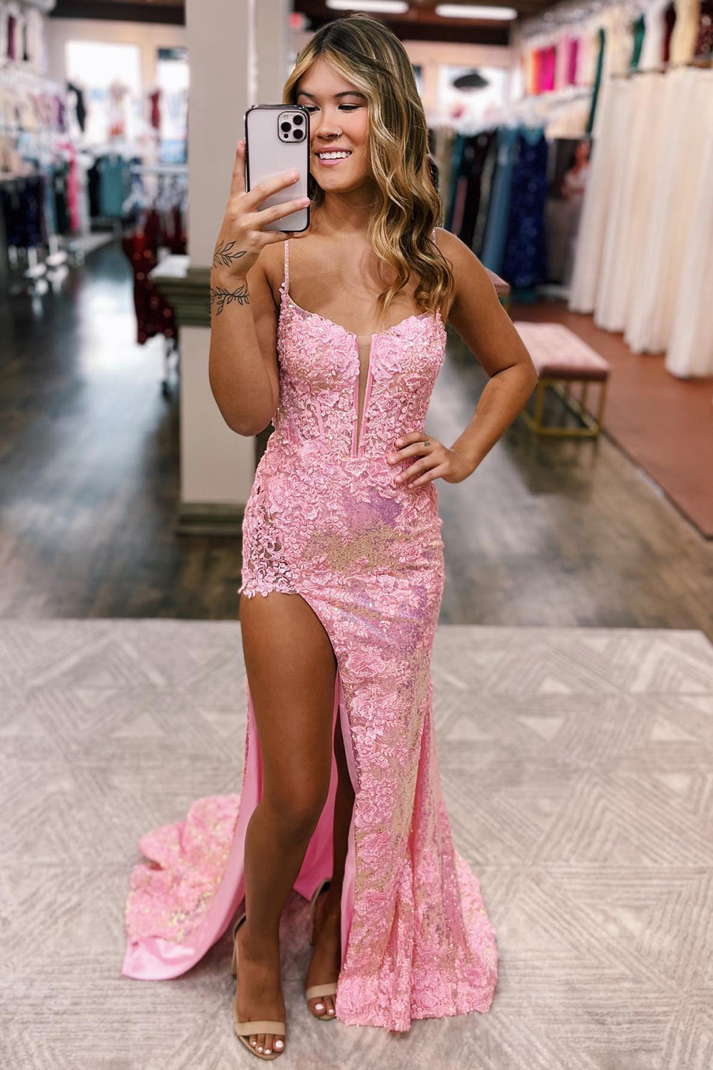 Kairi |Mermaid Spaghetti Straps Appliques Prom Dress with Slit