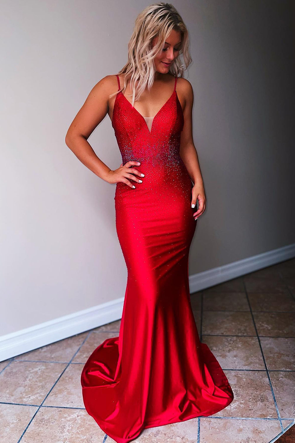 Deborah |Mermaid Spaghetti Straps Beaded Satin Prom Dress