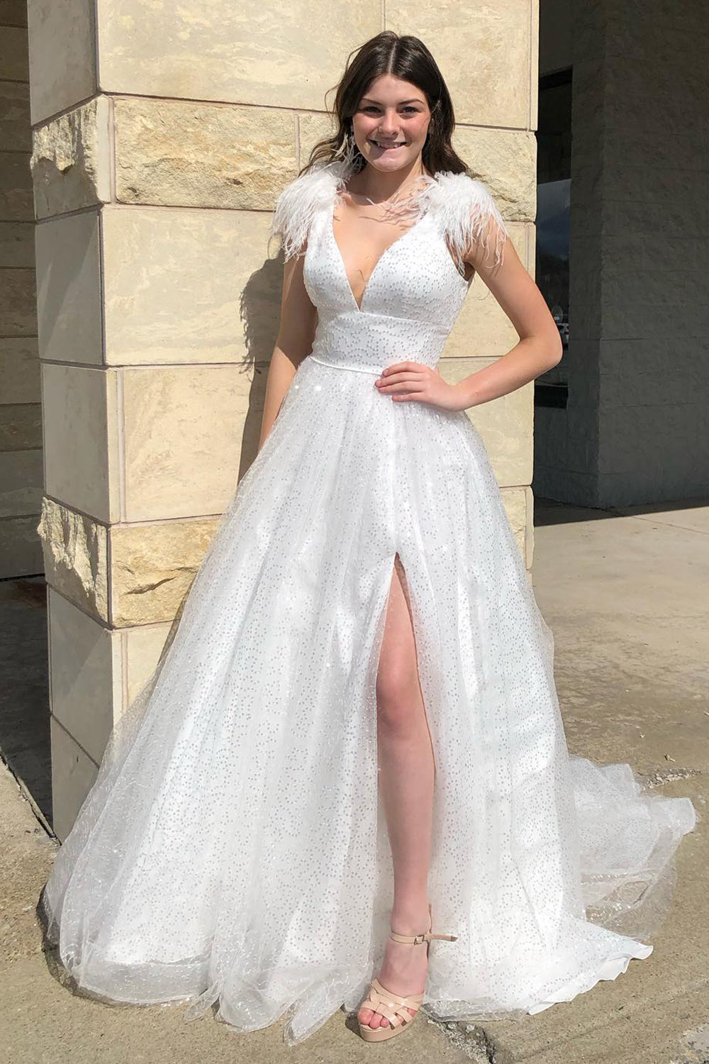 Carolina |A-Line V Neck Sequined Tulle Prom Dress with Slit