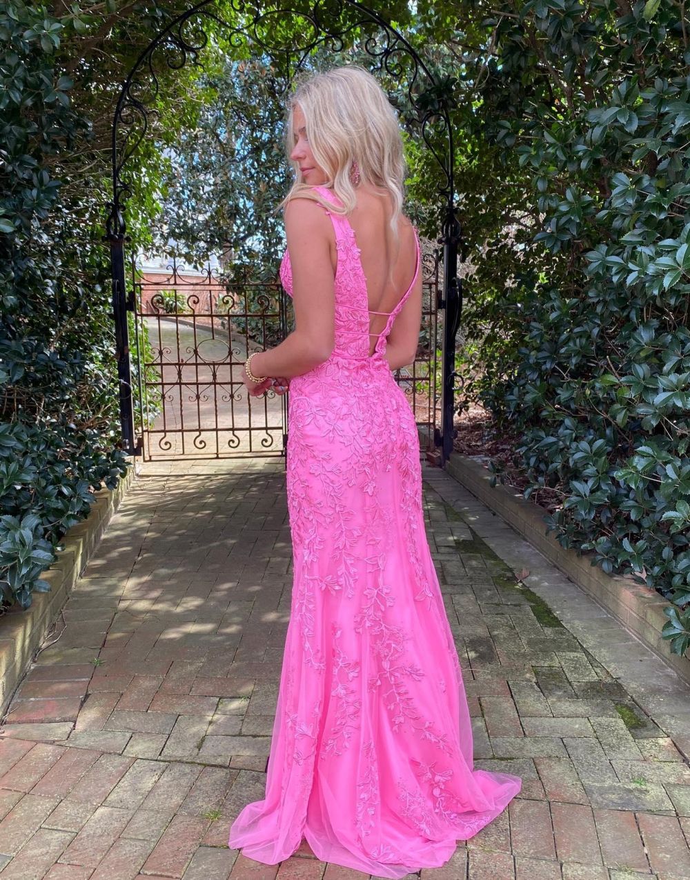Kallie |Hot Pink Mermaid Plunge V Neck Lace Prom Dress