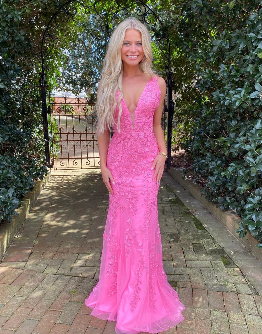 Kallie |Hot Pink Mermaid Plunge V Neck Lace Prom Dress