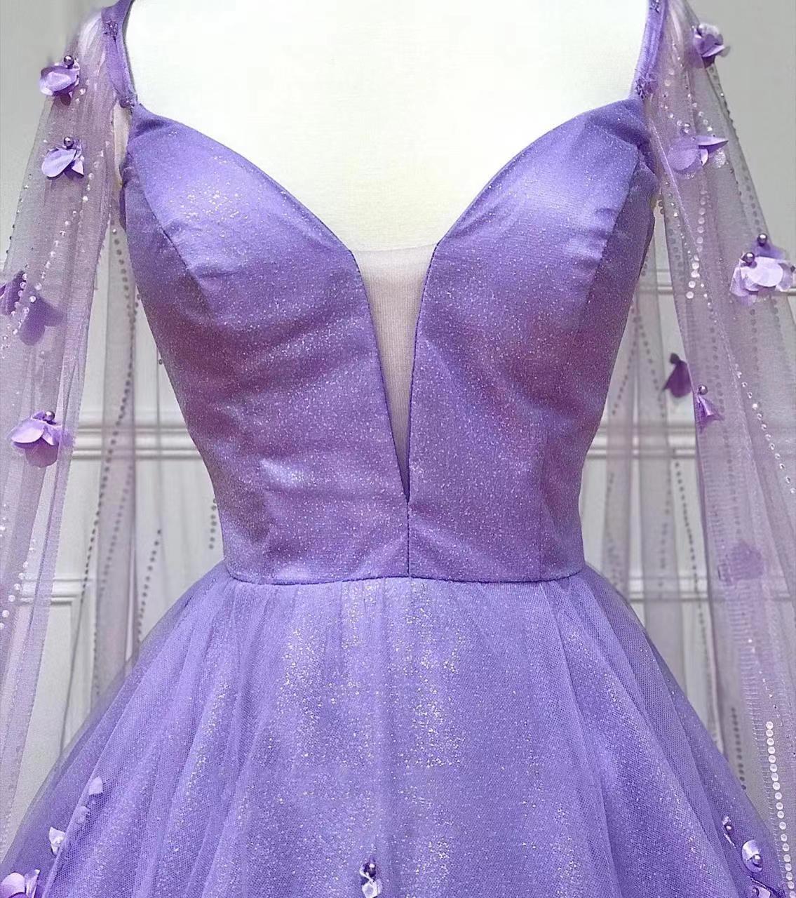 Lavender 3D Floral Lace A-Line Prom Dress with Cape Sleeves