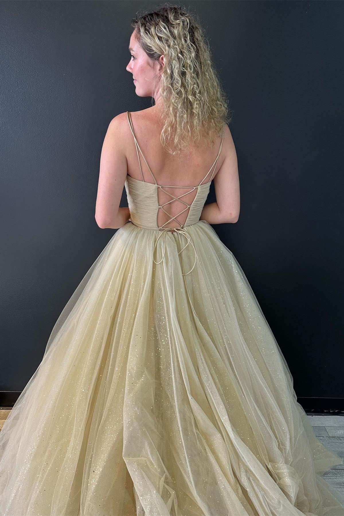Nia |A line V Neck Glitter Tulle Prom Dress with Lace up Back
