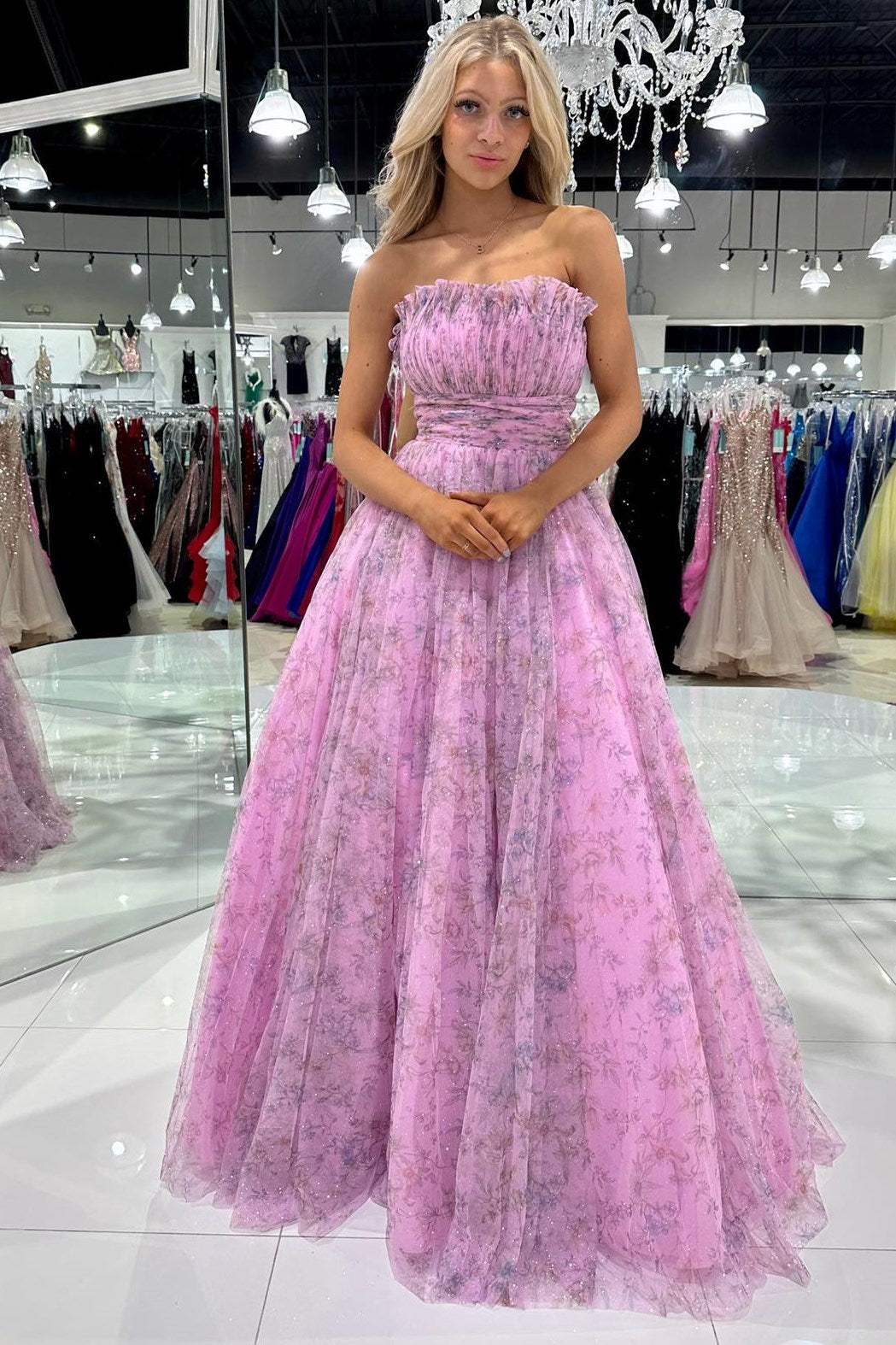 Amani |A line Strapless Printed Glitter Tulle Prom Dress