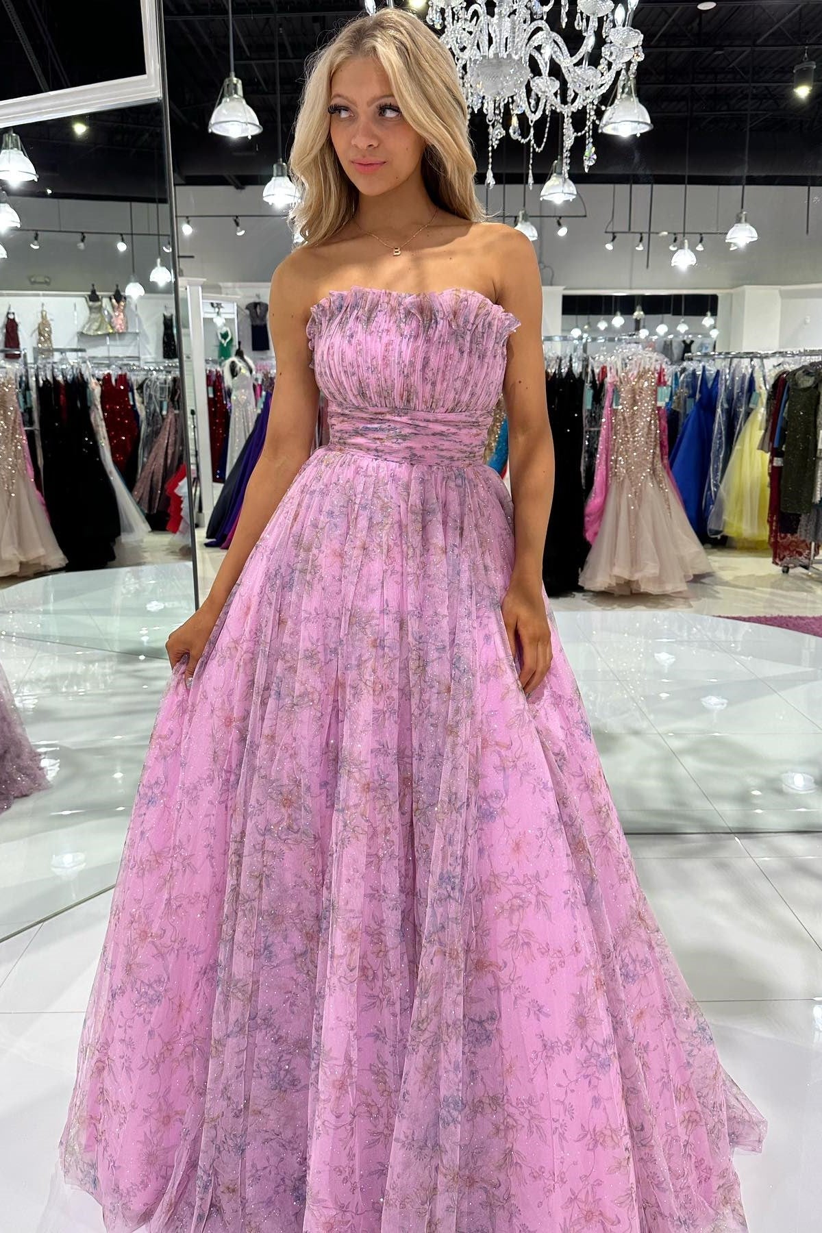 Amani |A line Strapless Printed Glitter Tulle Prom Dress