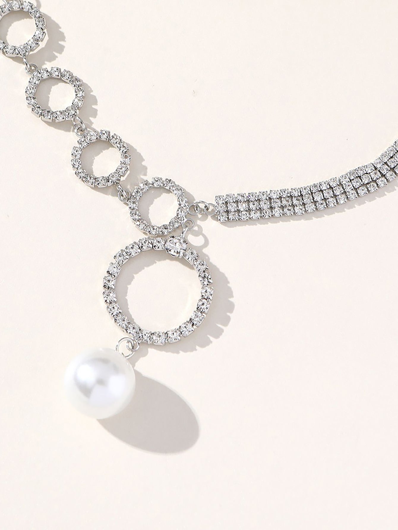 Silver Simple Rhinestones Pearl Asymmetrical Necklace