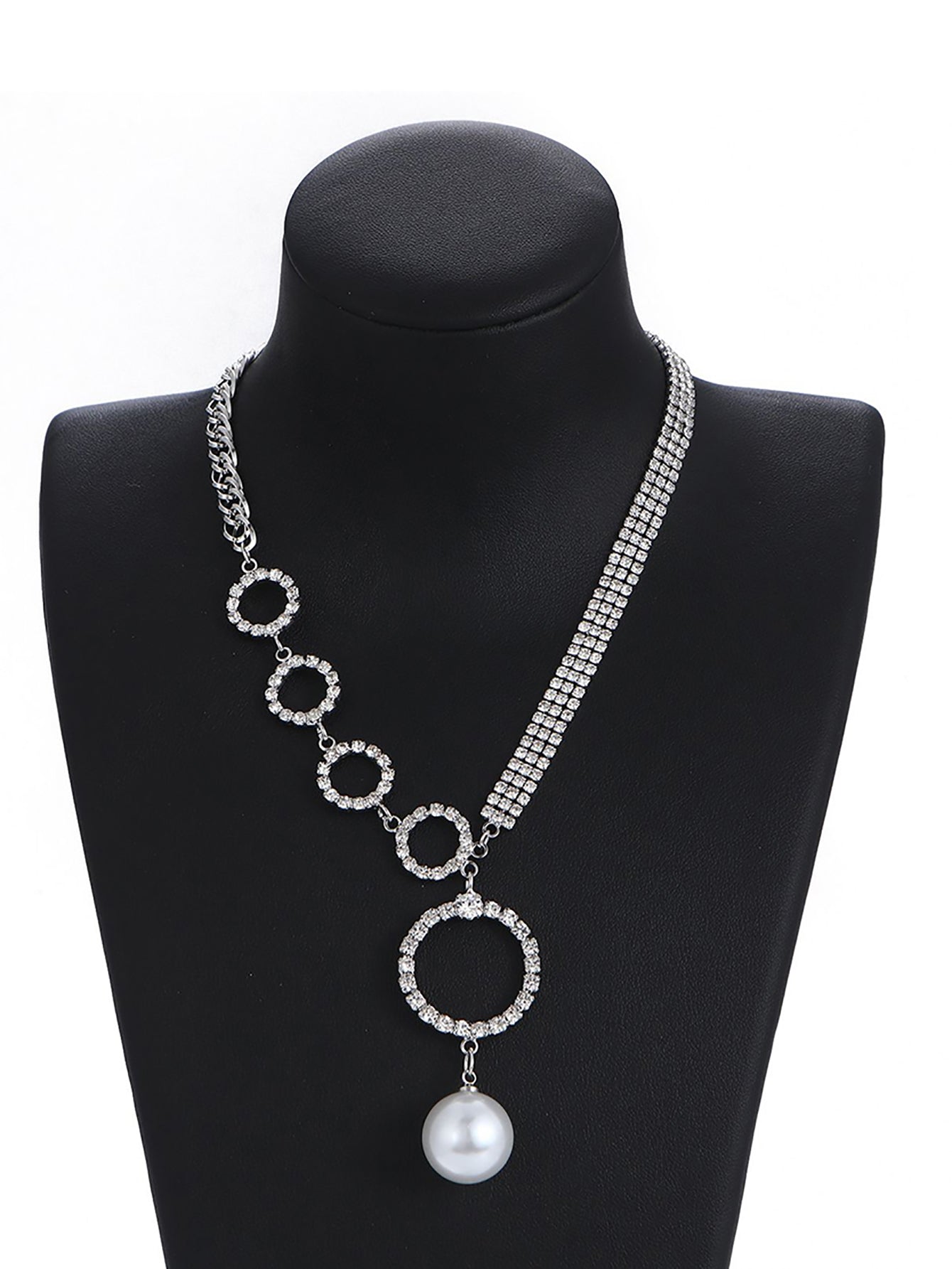 Silver Simple Rhinestones Pearl Asymmetrical Necklace