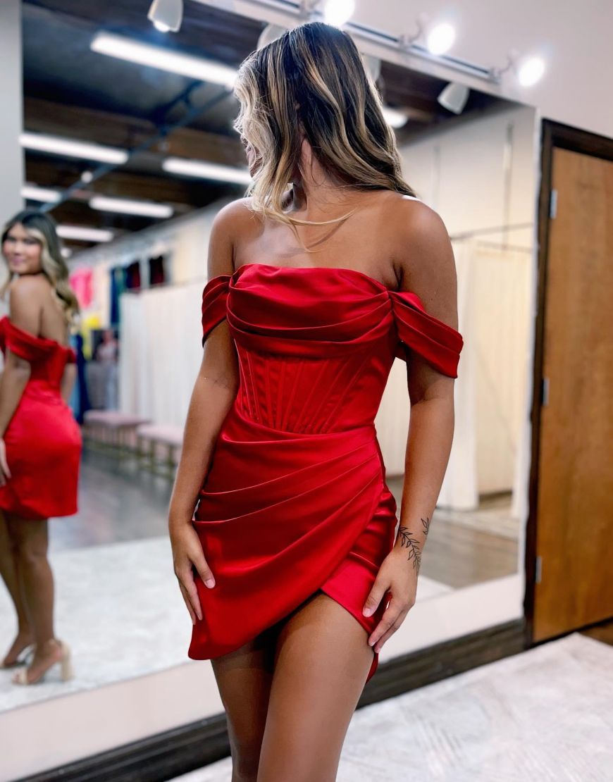 Lucy | Red Satin Off The Shoulder Short Homecoming Dress