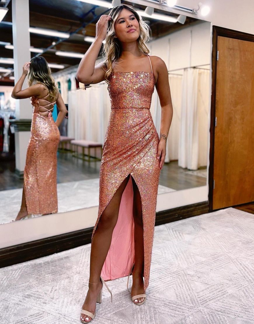 Aisha |Sheath Spaghetti Straps Sequin Prom Dress With Front Split