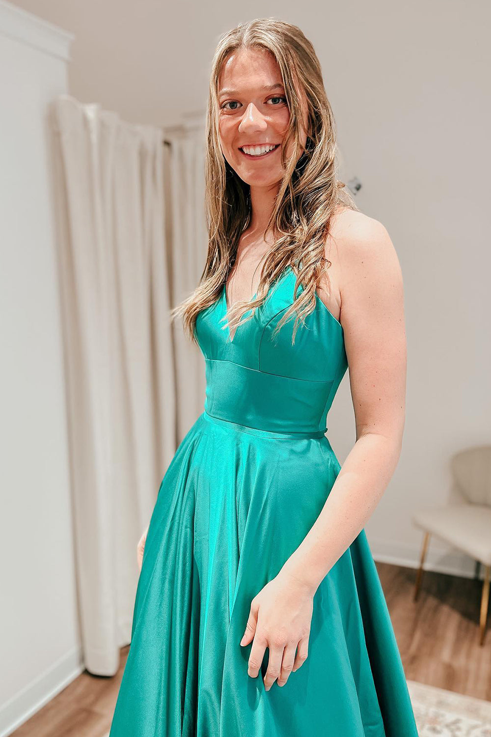 Rosie |A Line Spaghetti Straps Satin Prom Dress with Slit