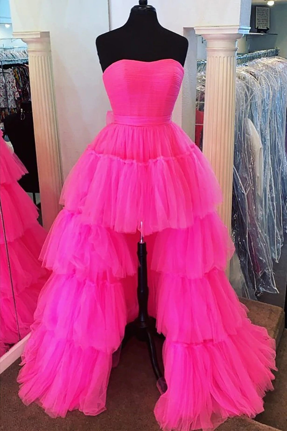 June |A-line High Low Strapless Tulle Prom Dress with Ruffles