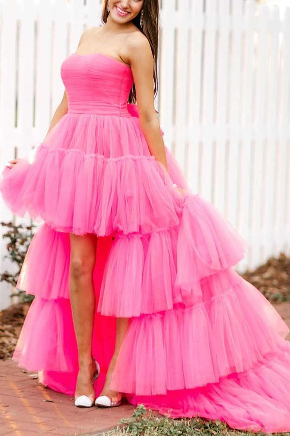 June |A-line High Low Strapless Tulle Prom Dress with Ruffles