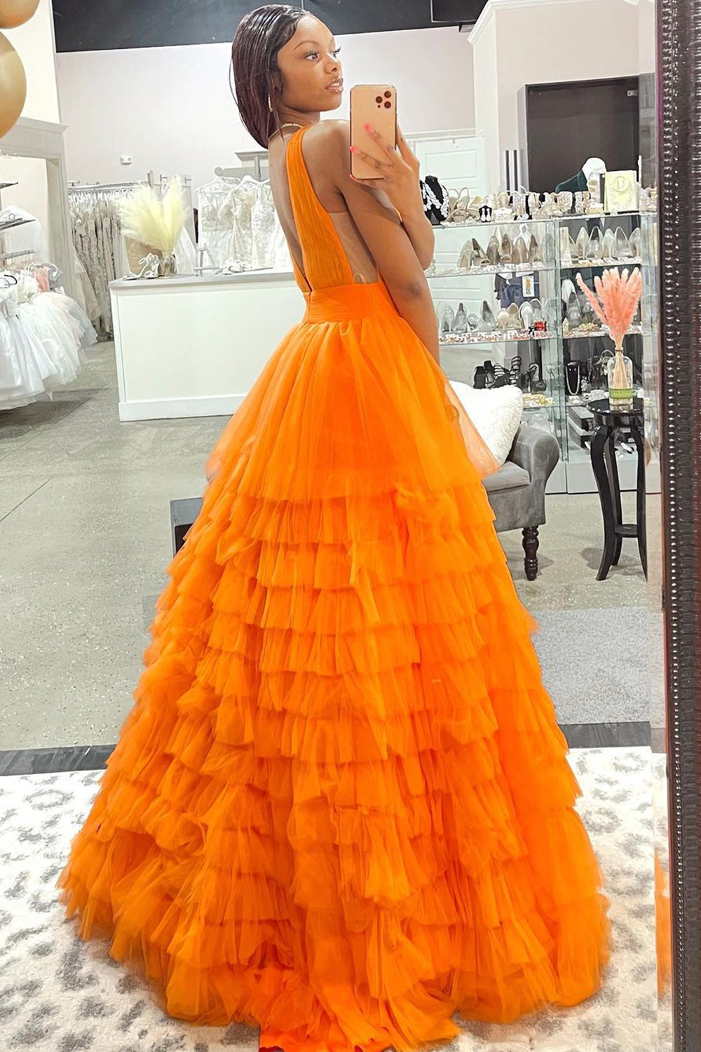 Reese |A-line Orange V-Neck Tulle Long Prom Dress