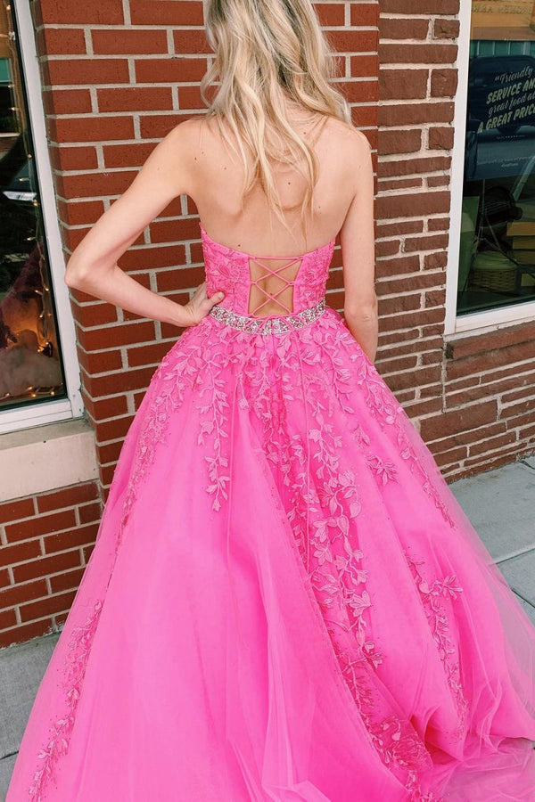 Nyla |A - line Hot Pink Halter Tulle Prom Dress With Appliques - KissProm