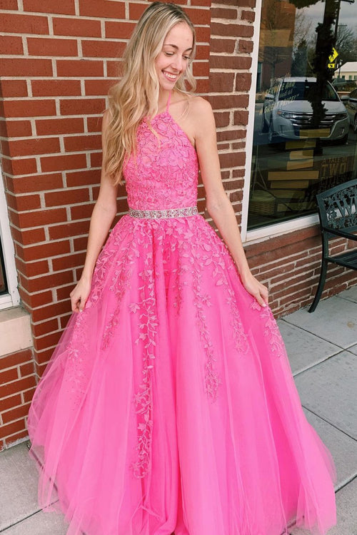 Nyla |A - line Hot Pink Halter Tulle Prom Dress With Appliques - KissProm