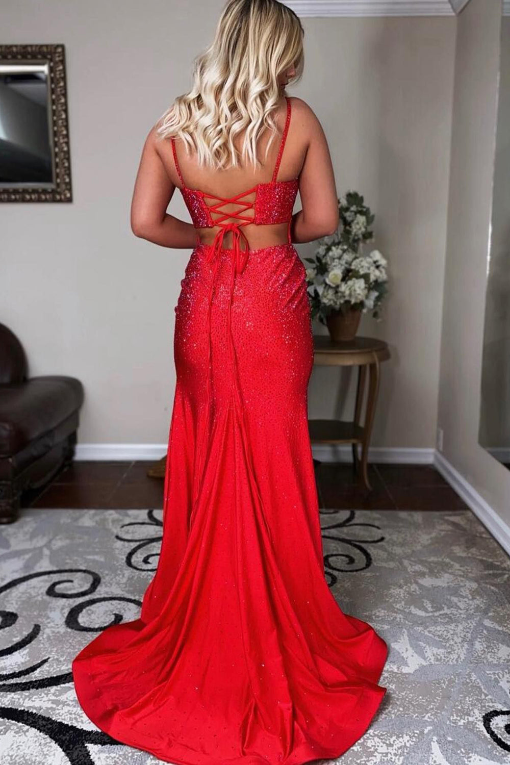 Emelia |Mermaid Spaghettti Strap Beaded Satin Prom Dress with Slit