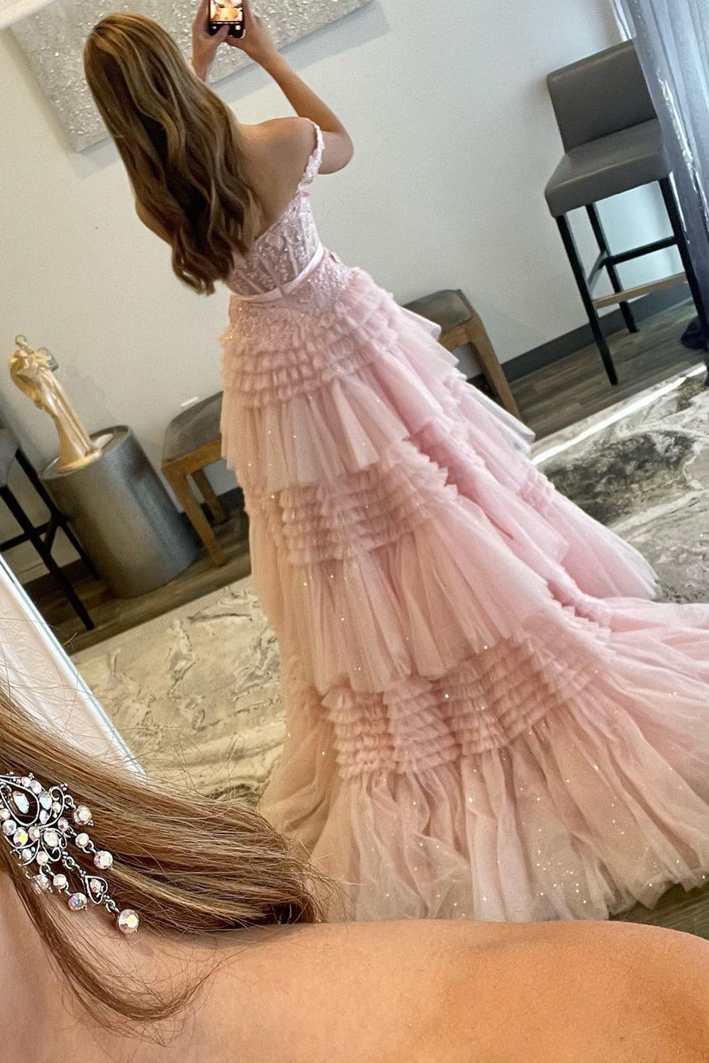 Princess A Line Off the Shoulder Light Pink Long Prom Dress with Ruffl