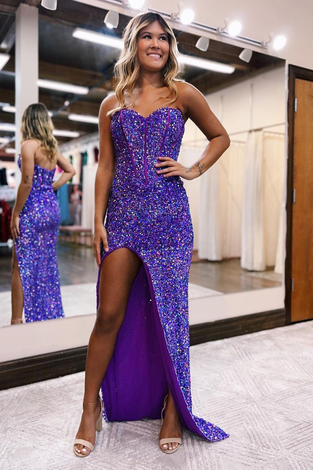 Royalty |Sheath Sweetheart Sequins Prom Dress with Slit
