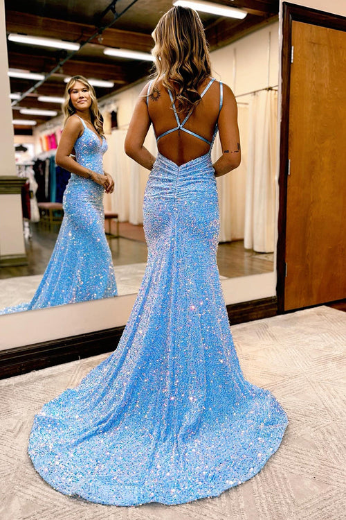 Sparkly Blue Mermaid Sequins Long Backless Prom Dress | KissProm