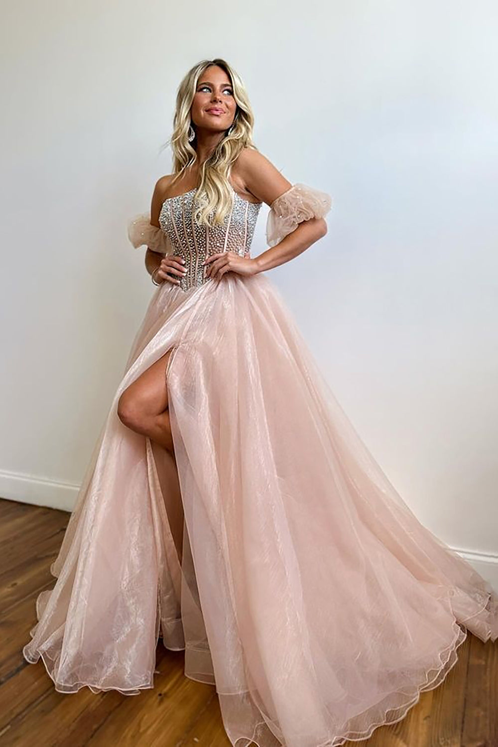 Brianna |A Line Strapless Blush Corset Organza Prom Dress
