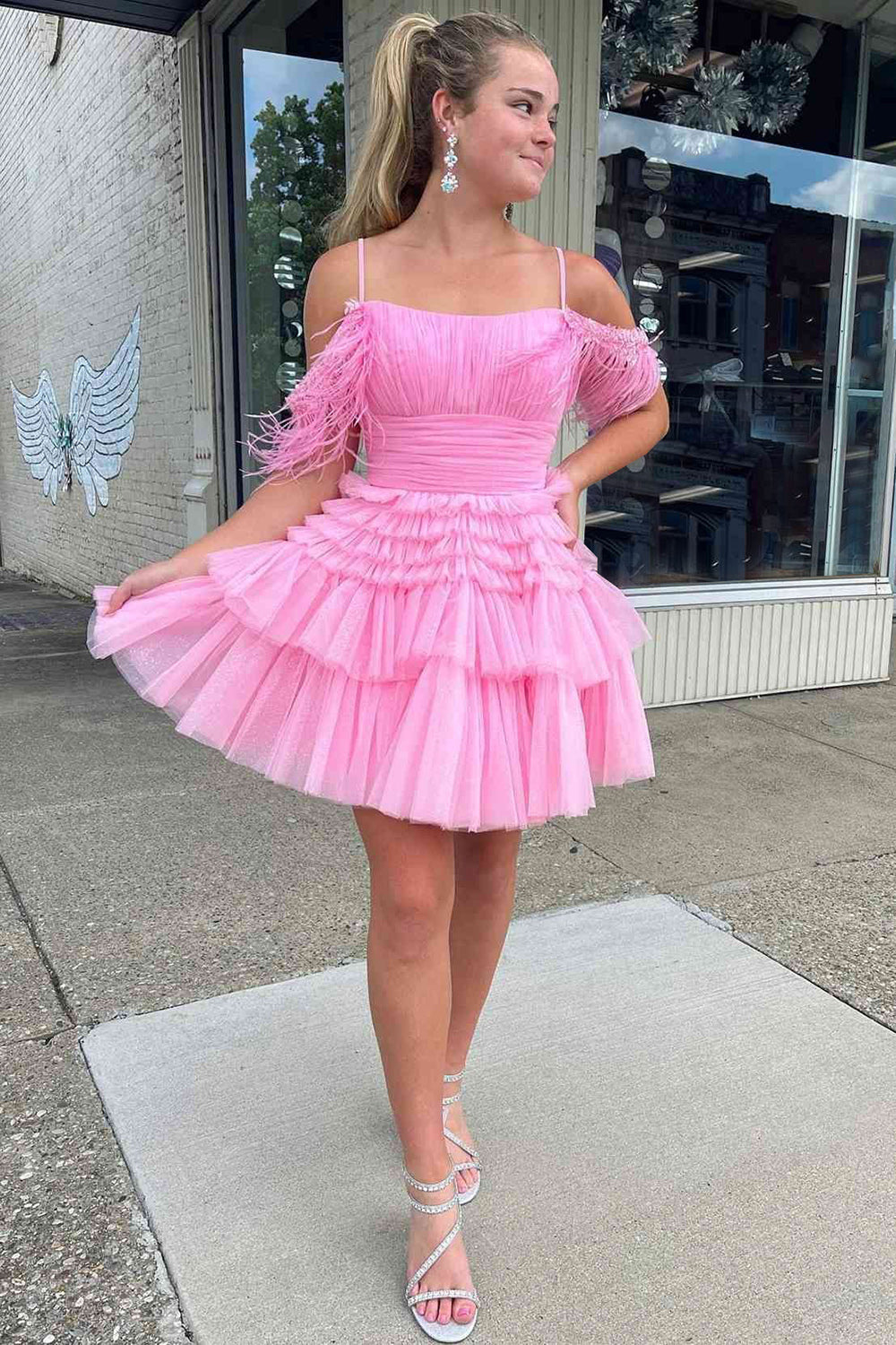Thea |A Line Pink Glitter Tulle Homecoming Dress with Feather