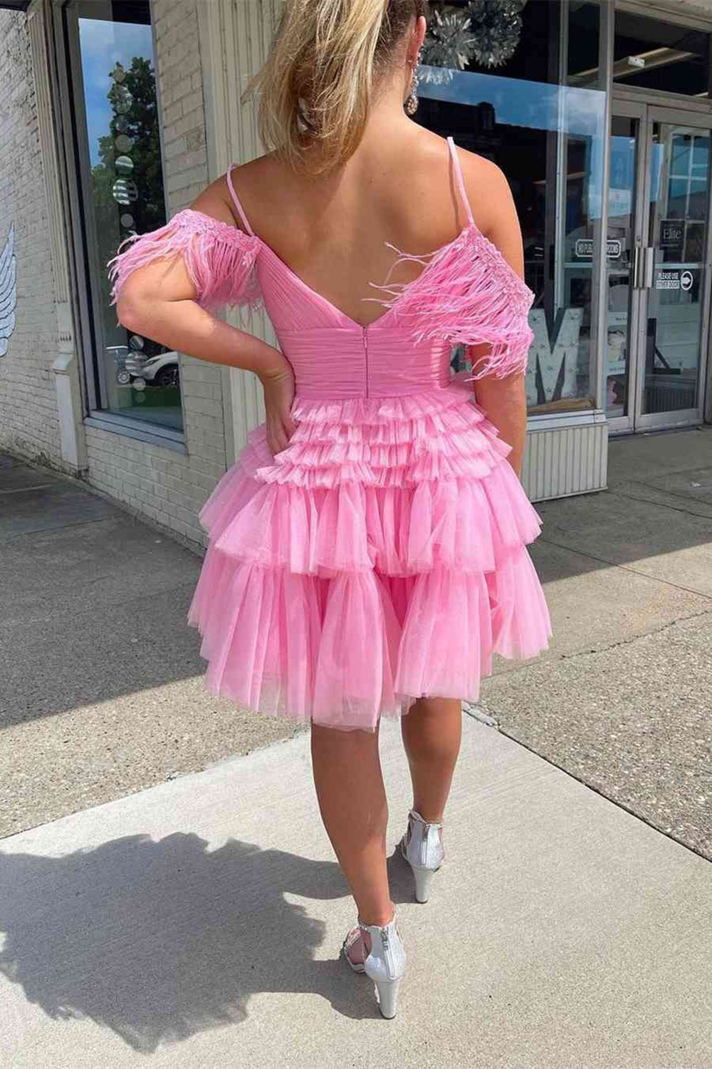 Thea |A Line Pink Glitter Tulle Homecoming Dress with Feather