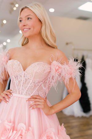 CALI |PRINCESS A - LINE OFF THE SHOULDER LACE TULLE PROM DRESS - KissProm