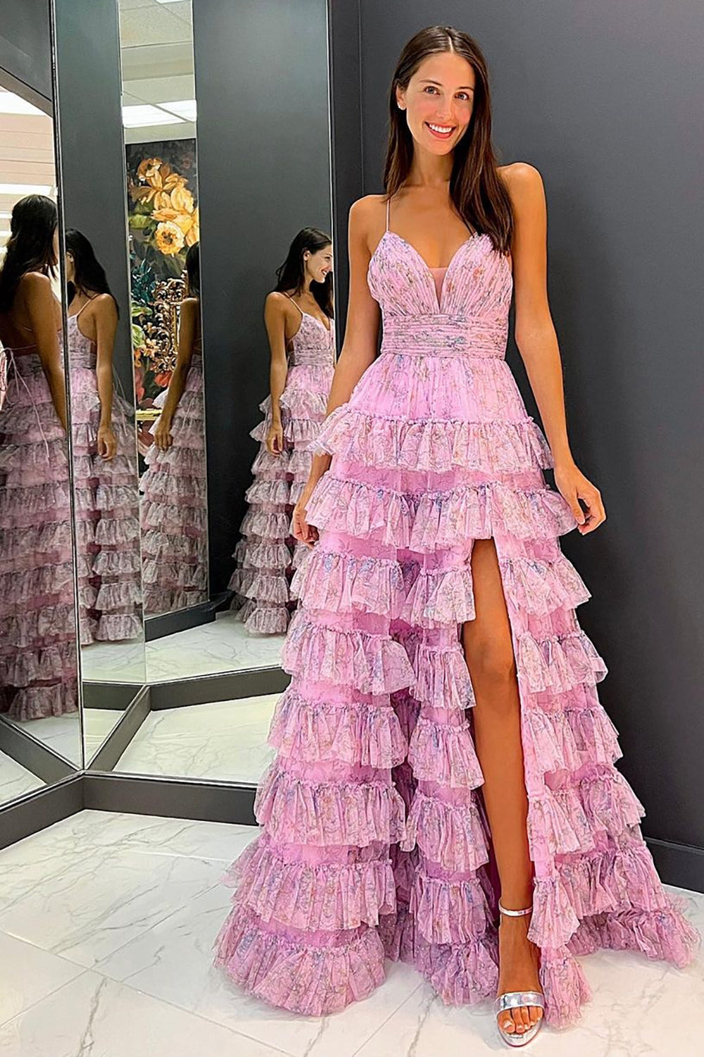 Lena |A Line Spaghetti Straps Printed Tulle Prom Dress with Ruffles