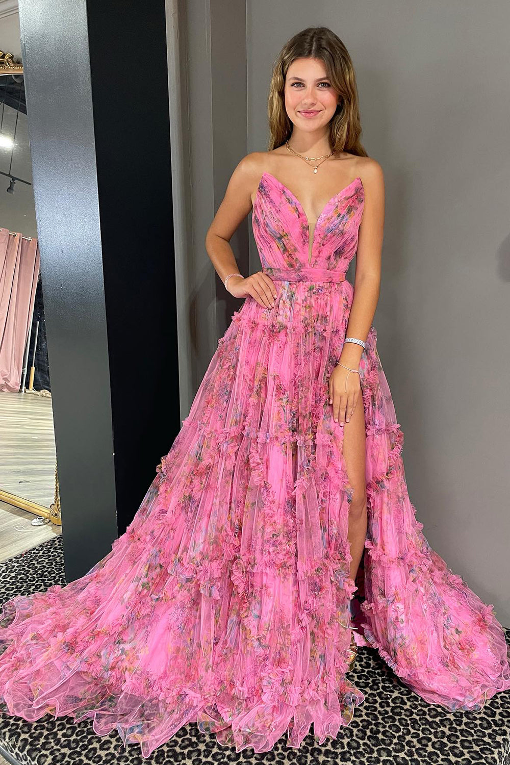 Izabella |A-Line Sweetheart Floral Printed Tulle Prom Dress with Slit