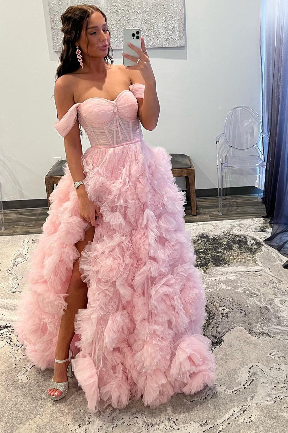 Kenia |A Line Off the Shoulder Ruffled Tulle Prom Dress with Slit