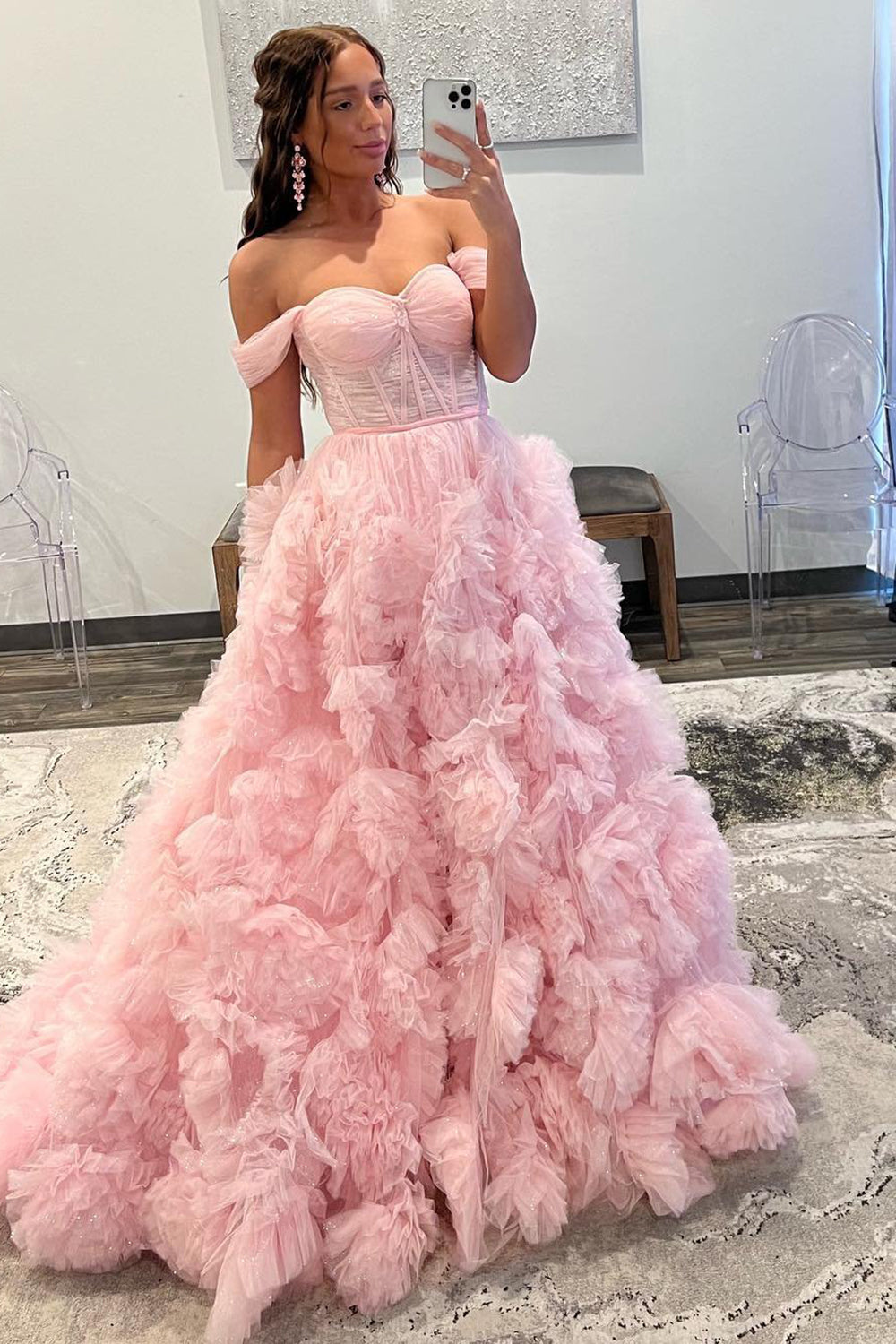 Kenia |A Line Off the Shoulder Ruffled Tulle Prom Dress with Slit